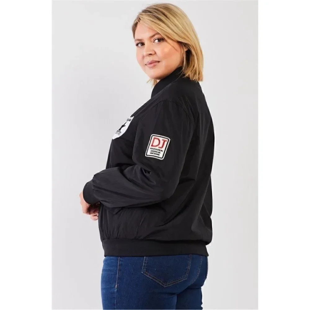 NWT - Women’s Curvy Plus Retro Patches Front Zipper Black Bomber Jacket Size 1XL